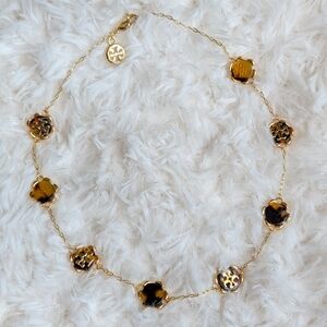 TORY BURCH Walter Gold Flower Tortoise Resin Connector Logo Necklace